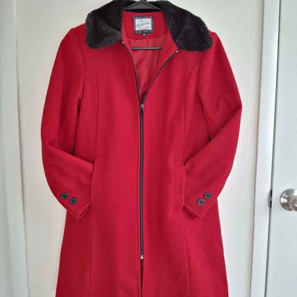 Rothschild Vintage Red Wool Blend Coat with Faux Fur Collar